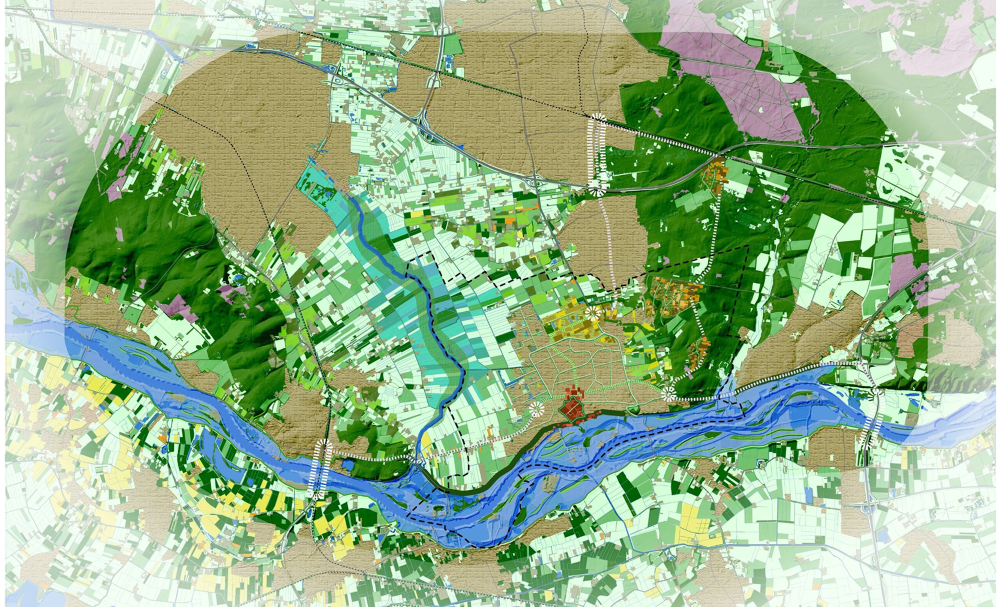 Zo kan Wageningen er over een eeuw uitzien met onder meer verdichting van het centrum en wonen op de dijk, hoogbouw op de Wageningse Berg en hubs. Bron: wur.nl