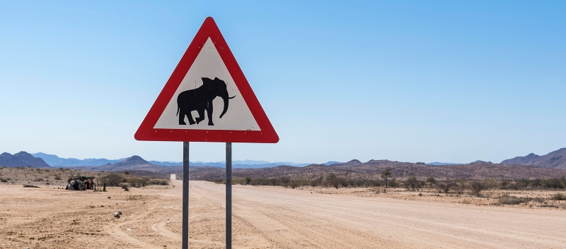 Waarschuwingsbord voor olifanten in Namibië.